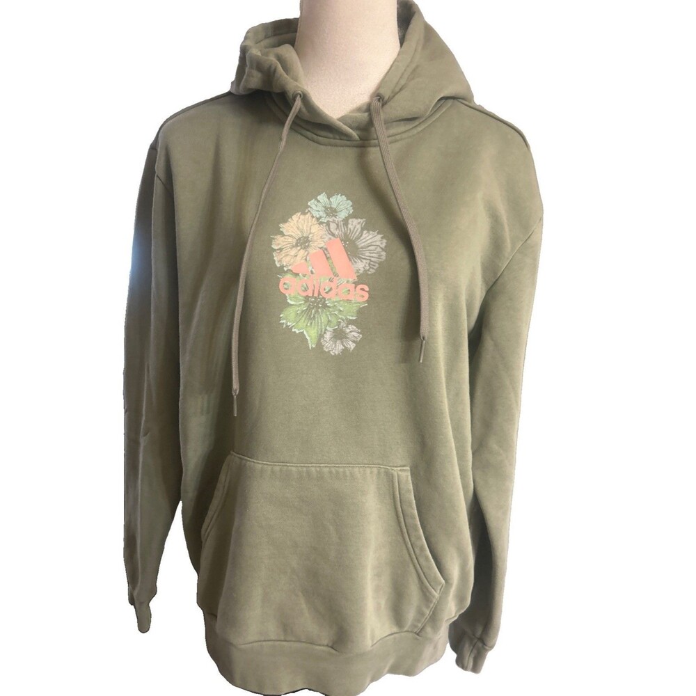 Adidas Womens Size L Hoodie Floral Sage Green Sweatshirt Cotton Blend Fleece
